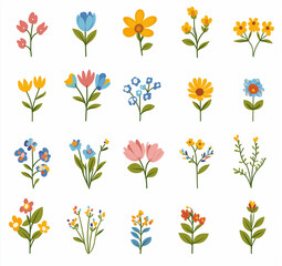 Set of Minimalist Wildflower Illustrations with Colorful Floral Elements for Botanical Art and Nature-Inspired Design