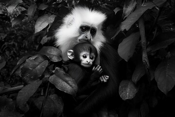 Obraz premium A black and white photo of a mother monkey cradling her baby amidst lush foliage.
