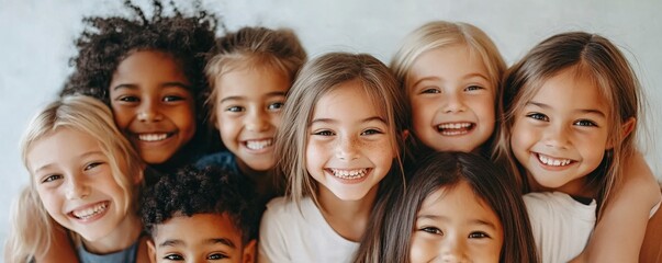 Diverse group of children happily posing for a group photo, showcasing their friendship and joy