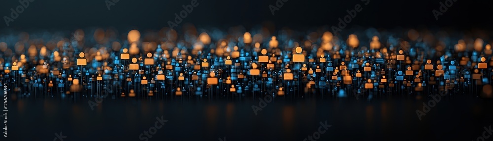 Poster abstract digital storm of social media icons clustering over a dark background with small buildings 