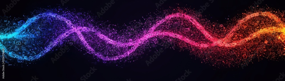Poster colorful sound wave and abstract infinity loop visualization on black background with vibrant colors