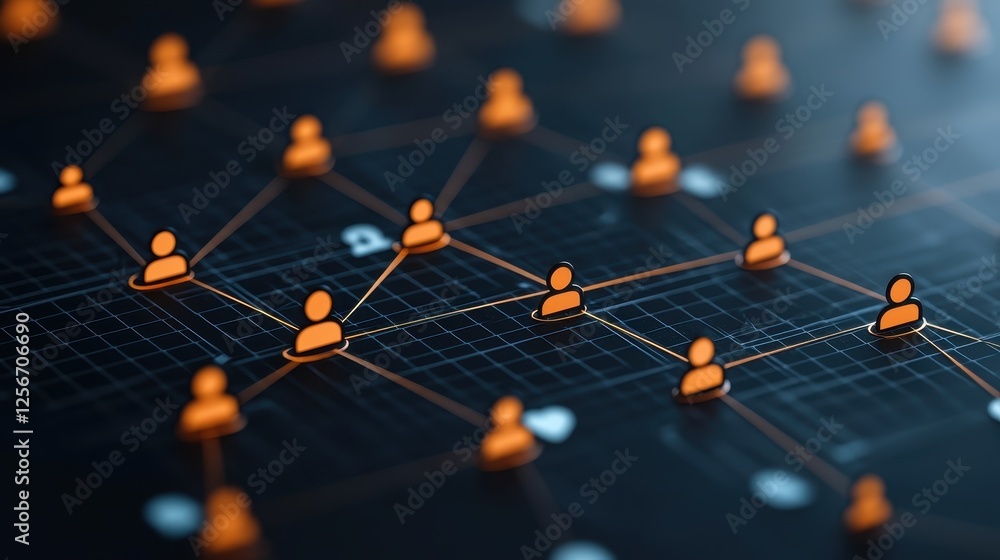 Poster abstract visualization of interconnected orange dots representing social media network and digital c