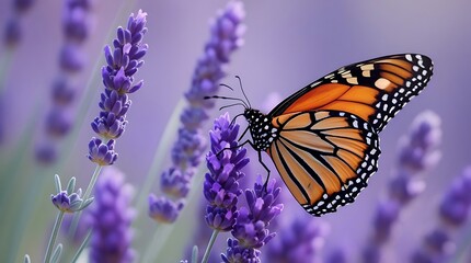 Fototapeta premium Close-up of a monarch butterfly perched on blooming lavender flowers, displaying intricate patterns and vibrant colors, symbolizing transformation, nature, and biodiversity 