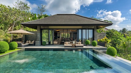 Modern villa with infinity pool, lush greenery, and open-plan living space.