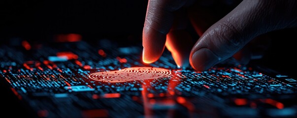 Finger touching fingerprint sensor on laptop for digital unlocking of holographic control panel