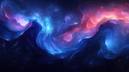 Vibrant cosmic waves of blue and pink hues swirling through a starry galaxy backdrop