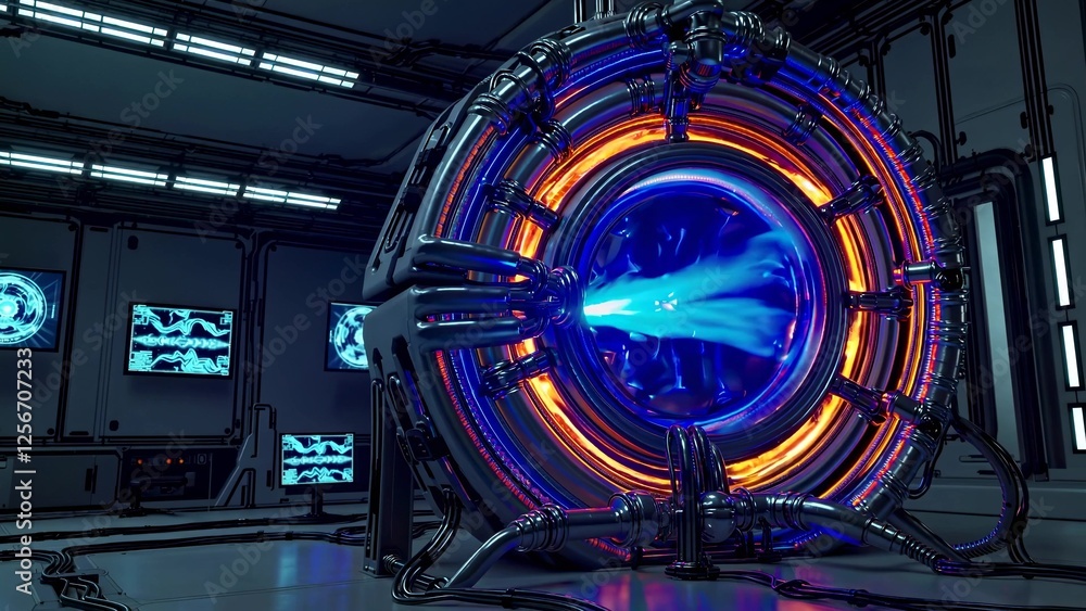 Poster complex futuristic reactor emitting a powerful energy beam illuminates a laboratory with glowing scr