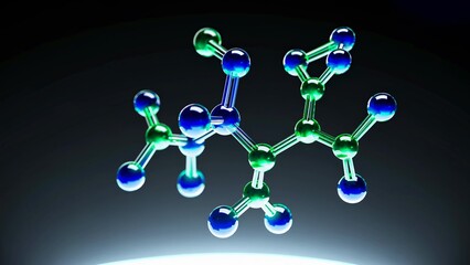 Serotonin molecular model is rotating on a dark background with light reflections, creating a visually appealing representation of this important neurotransmitter