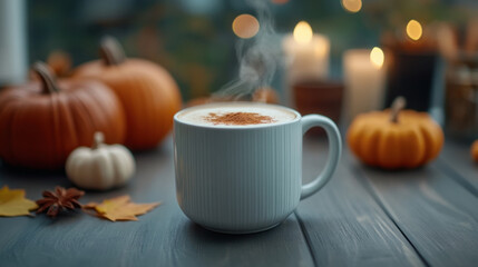 steaming pumpkin spice latte in white mug, surrounded by autumn decor, evokes cozy fall atmosphere