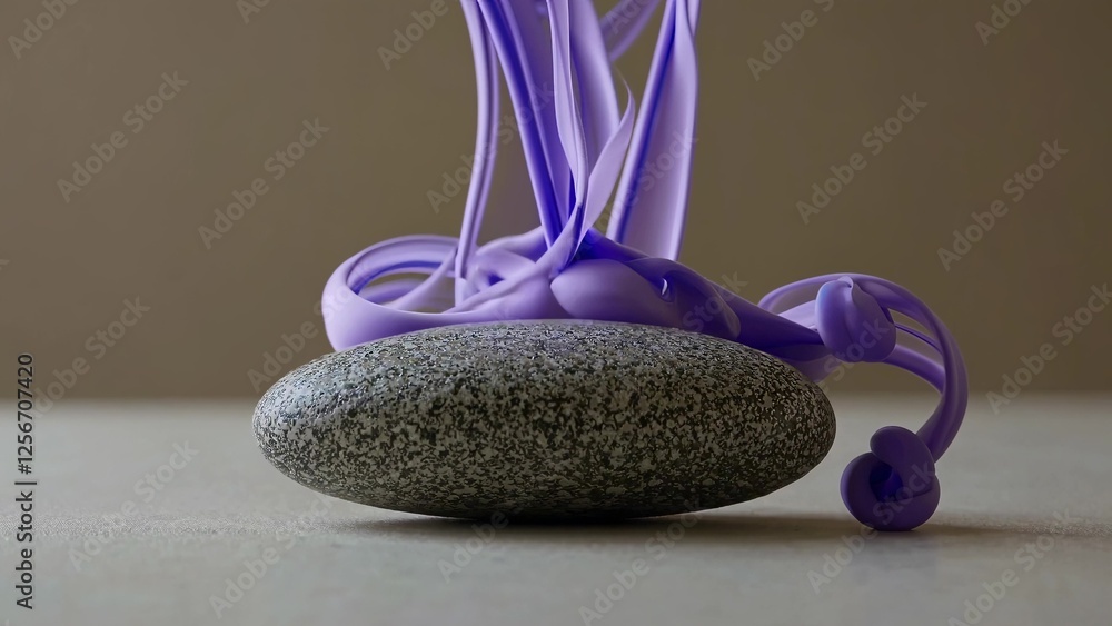 Poster purple paint is splashing and swirling dynamically over a smooth gray stone, creating an abstract an
