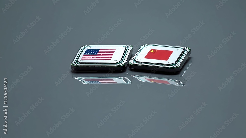 Aufkleber two cpu chips displaying american and chinese flags are reflecting on a gray surface, symbolizing th