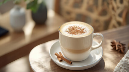 warm cup of coffee topped with cinnamon sits on wooden table, evoking cozy atmosphere
