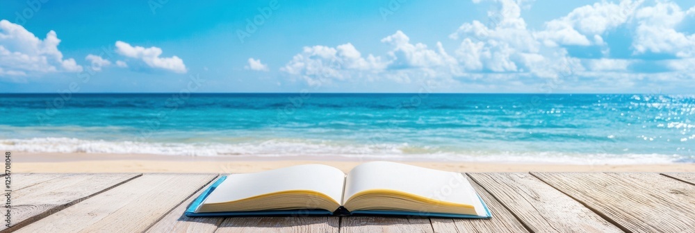 Poster open notebook with a pencil on a bright wooden desk by the beach under a clear blue sky. generative 