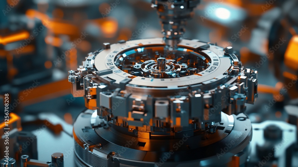 Poster close-up of intricate metallic machinery with gears and complex mechanisms in motion.