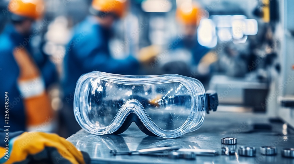 Poster safety goggles on a metal surface in a factory setting with blurred workers in the background.
