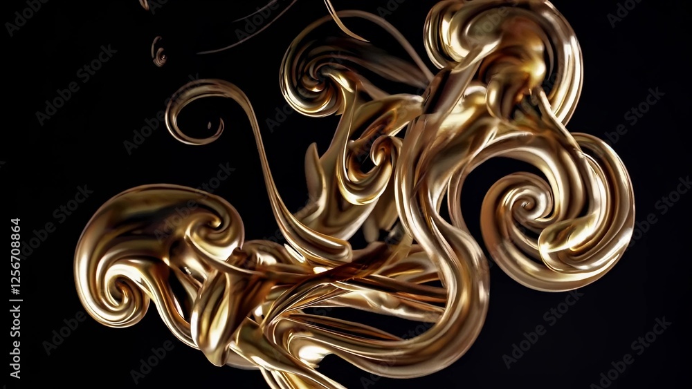 Poster metallic gold swirls are intertwining and flowing on a black background, creating an abstract design