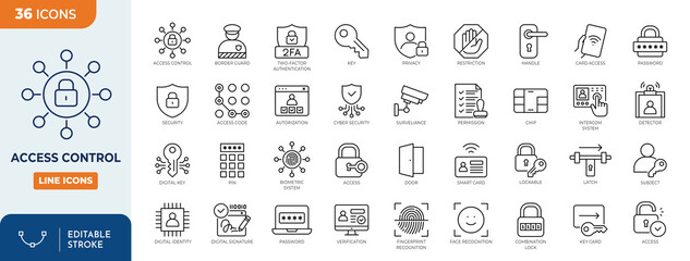 Access Control icon set. Containing Authorization, Door, Privacy, Permission, Cyber Security, Border Guard, Detector, and more. Outline Icon Collection. Vector illustration. Editable stroke