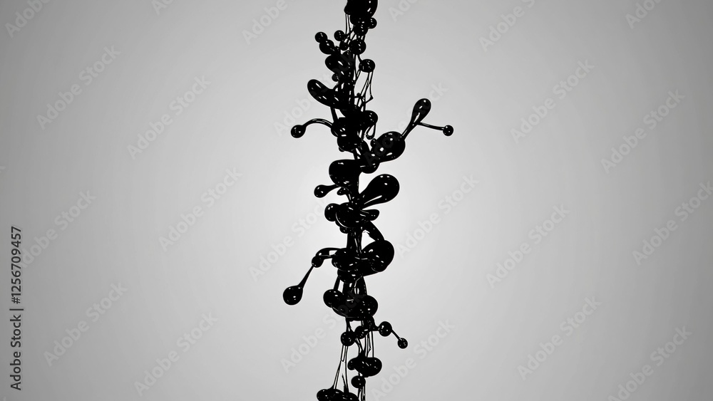 Poster black ink or paint is splashing, swirling, and forming a vertical column against a white background,