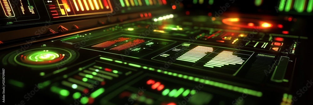 Poster futuristic control panel with glowing interfaces and digital displays.