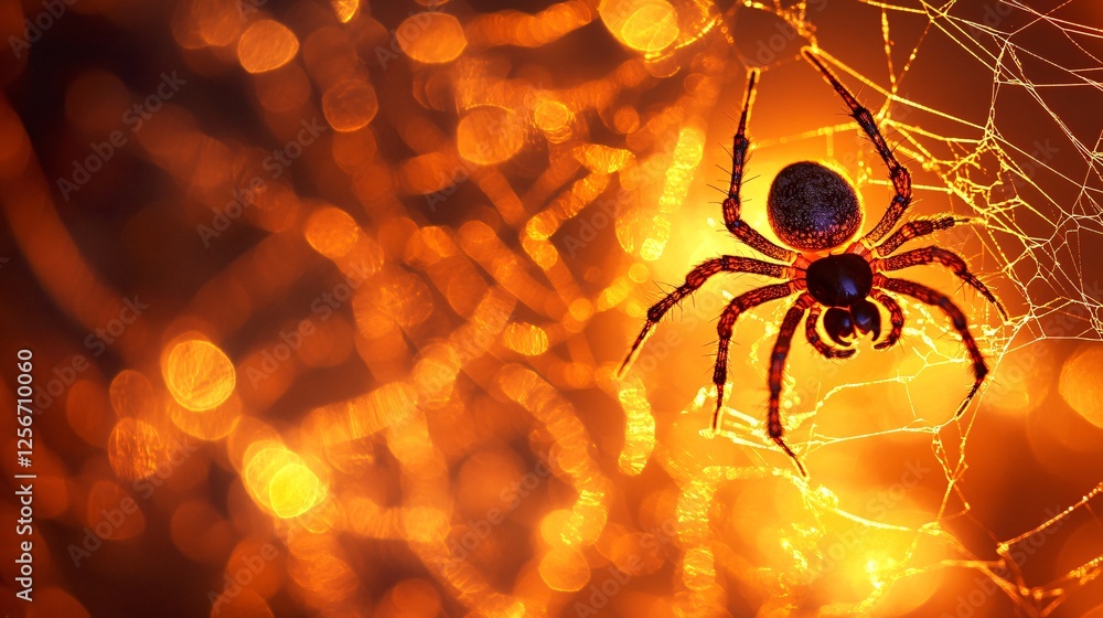 Poster big spider hangs on its web against an orange bokeh backdrop
