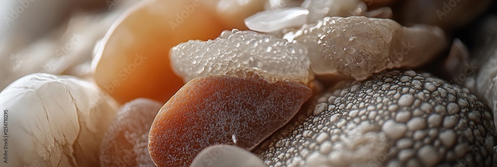 Poster close-up of various seashells with textured surfaces and diverse colors.