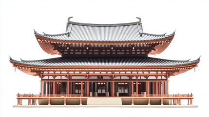 Detailed Architectural Model of a Traditional Japanese Temple with Two Tiers of Gray Roof and Red Wooden Structure