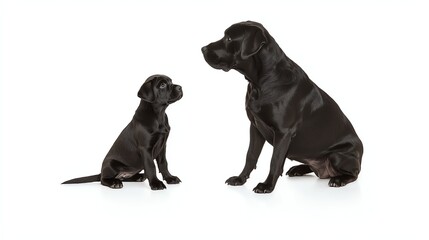 A black Labrador puppy and its adult counterpart, showcasing the bond between them against a white isolate background.