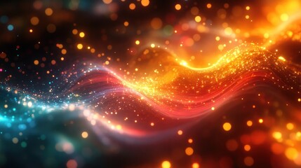 Obraz premium A vibrant swirl of colorful light particles creating a dynamic wave effect against a dark background