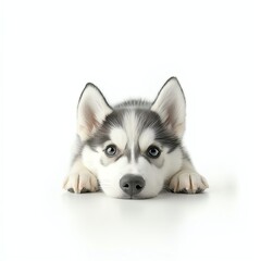 A cute husky puppy resting on a white surface, showcasing its expressive eyes and fluffy fur, perfect for pet lovers and dog-themed projects.