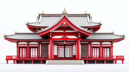 Stunning Architectural Render of a Traditional Japanese Temple Building with Red and Gray Roof