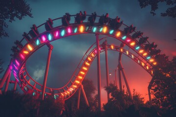 Illuminated roller coaster looping at night, vibrant colors against a dramatic sky.