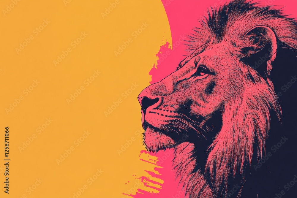 Aufkleber portrait of a lion in pop art style with vibrant colors and a sunset backdrop inviting personal expr