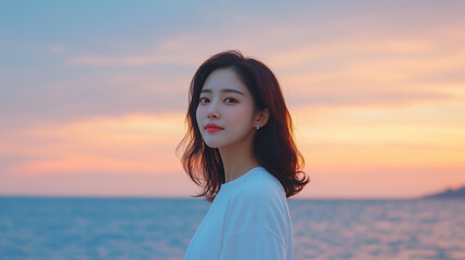 Obraz premium young Asian woman smiles by ocean during sunset, with soft waves in background.