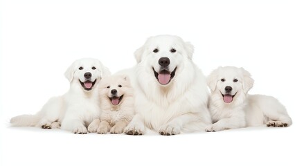 Obraz premium A joyful group of four adorable white dogs posing together, showcasing their playful spirit and affection against a white isolate background.