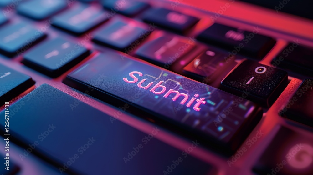 Poster a vibrant close-up of a keyboard featuring a glowing submit key illuminated by dynamic neon lighting