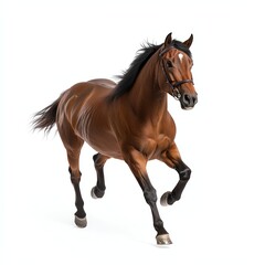 Fototapeta premium A majestic brown horse galloping gracefully, showcasing its strength and beauty against a white isolated background.