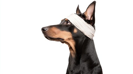A majestic Doberman with a bandage around its head, showcasing strength and resilience, isolated on a white background, ideal for heartwarming pet imagery.