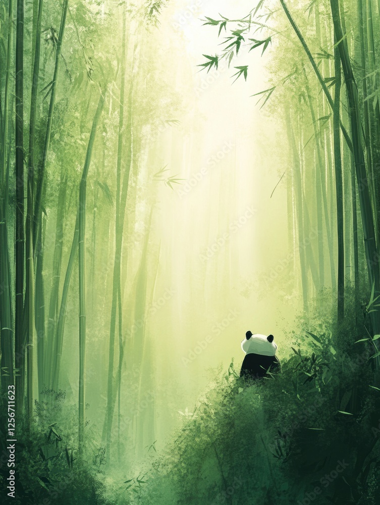 Fototapete panda lounging peacefully in a tranquil bamboo forest surrounded by lush greenery and soft light fil