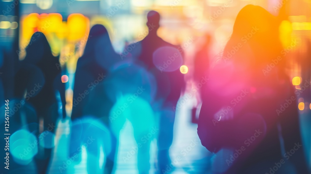 Poster a vibrant and colorful depiction of a crowd in motion, glowing with abstract bokeh light effects, cr