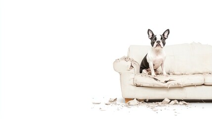 A mischievous dog sitting on a torn couch, surrounded by scattered cushioning, showcasing playful destruction in a light-hearted scene.
