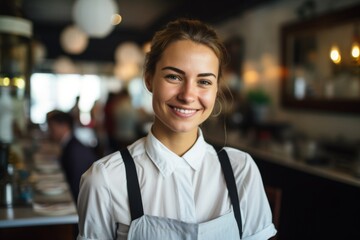 Smiling portrait of a young female Caucasian waitress in cafe
