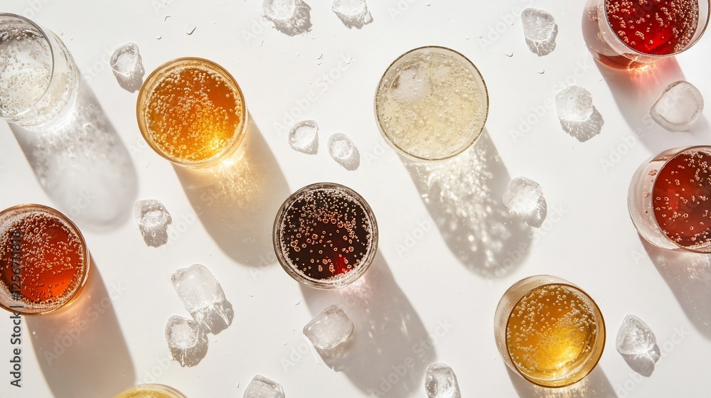 Poster overhead view of various beverages in glasses with ice cubes on white background.
