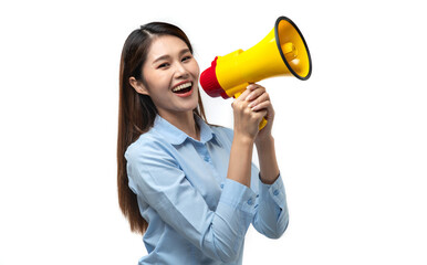 Portrait of smiling cheerful young pretty Asian woman holding megaphone making announcement isolated studio white background.