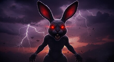 An ominous black were rabbit stands amidst a lightning storm