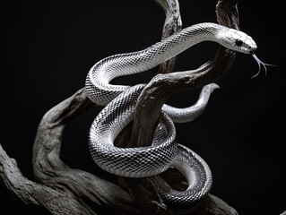Fototapeta premium Striking black and white snake coiled on a weathered branch against a dark background.