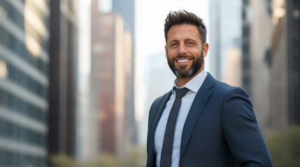Fototapeta premium confident businessman smiles in urban setting, showcasing modern architecture.