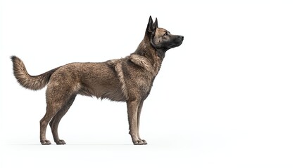 A proud and alert dog standing in profile on a white isolated background, showcasing its strong posture and attentive expression.