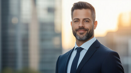 Fototapeta premium Confident businessman in suit, smiling against city skyline backdrop.