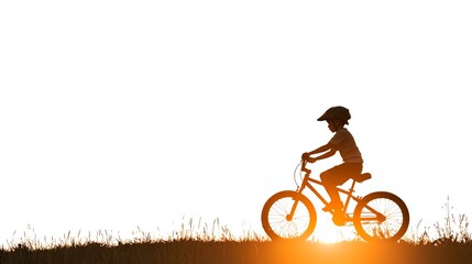 Fototapeta premium A silhouette of a child riding a bicycle at sunset, conveying joy and freedom against a bright background.