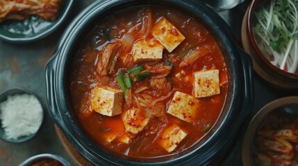 Traditional Korean kimchi stew with tofu and vegetables. Featuring a spicy and savory dish. Highlighting the texture and flavors of the kimchi stew. Ideal for food and cultural themes.